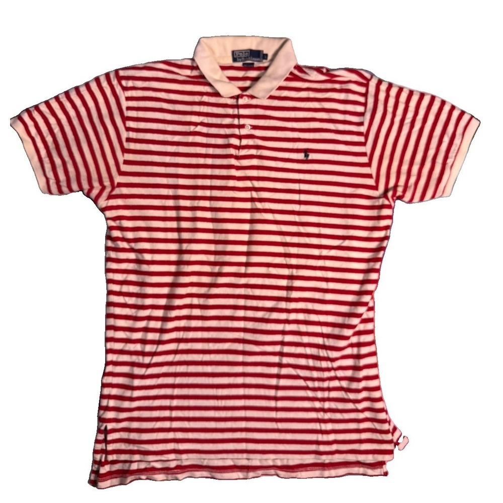 Vintage Polo Sport Red White Striped Mens Short Sleeve Polo Shirt Size Large EUC